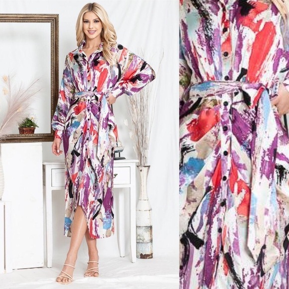 Chic Multi-Color Button-Down Collared Dress - Long Sleeve Elegance in S, M, L - Picture 1 of 3